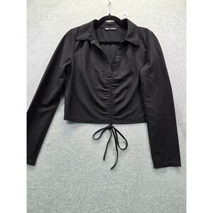 Zara Black Long Sleeve Ruched Drawstring Crop Top V-Neck Collared Shirt Large